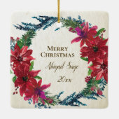 聖夜の赤いポインセチア パーソナライズされたクリスマス セラミックオーナメント (裏面)