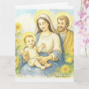 聖家族のマリア、幼子イエス、聖ヨセフの愛らしい肖像画。優しい微笑みが平穏を誘う。鉛筆画風のソフトで精 カード