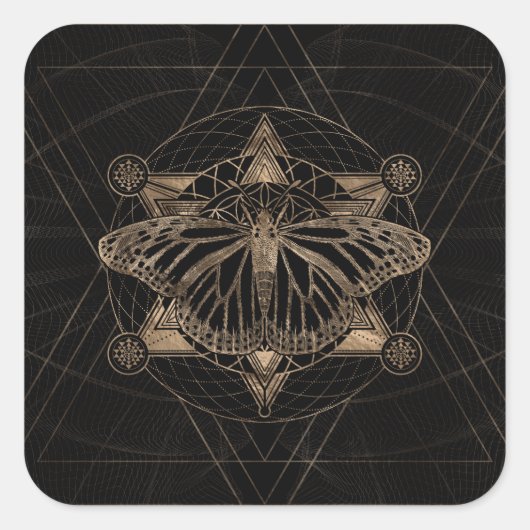 聖幾何学の蝶 – 黒と金ゴールド スクエアシール (正面)