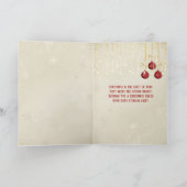 聖書およびポインセチアを持つ金ゴールドのクリスマスのオーナメント カード (内部)