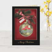 聖書およびポインセチアを持つ金ゴールドのクリスマスのオーナメント カード (黄色い花)