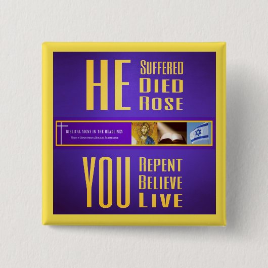 聖書のシンボルや象徴"彼はDied/YOUボタン(黄色)住んでいます" 缶バッジ (正面)