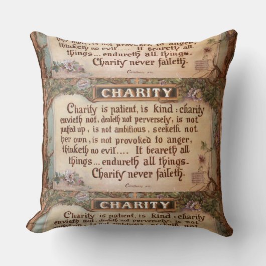 聖書の引用文チャリティーフローラピンクの花ヴィンテージ クッション (正面)