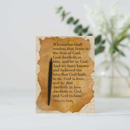 聖書の第1ヨハネ4:15-16 KJVはがき ポストカード (スタンド正面)