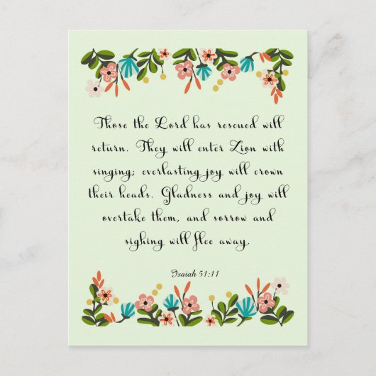 聖書の聖句アートを励ます – Isaiah 51:11 ポストカード (正面)