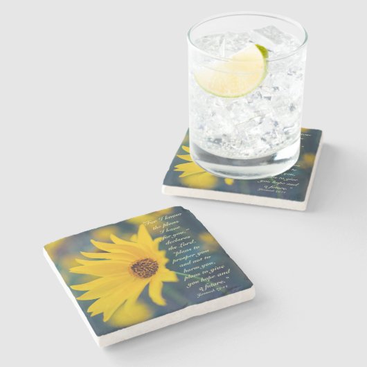 聖書の聖句エレミヤ29:11，黄色の野草 ストーンコースター (横)