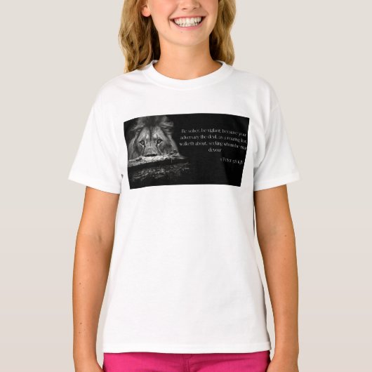 聖書の聖句聖なる書物、 経典1ペテロ5:8 KJVガールズ Tシャツ (正面)