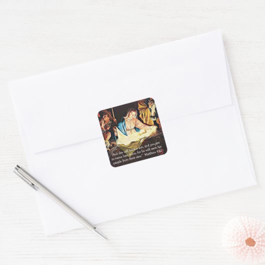 聖書の聖句、マタイ1:21マリアとイエスのクリスマス スクエアシール (封筒)