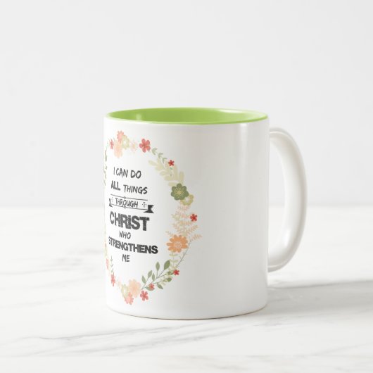 聖書の聖句:私はキリストを通して全てのことをすることができる ツートーンマグカップ (正面右)