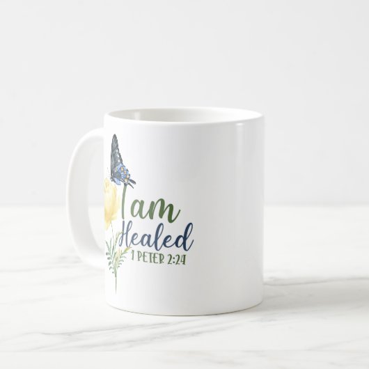 聖書の聖句I Am Healed 1ペテロ2:24蝶 コーヒーマグカップ (正面左)