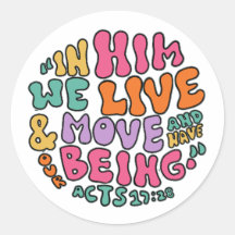 聖書の言葉を色鮮やかに表現したステッカー「彼において私たちは生き、動き、存在しています。」 - 使徒