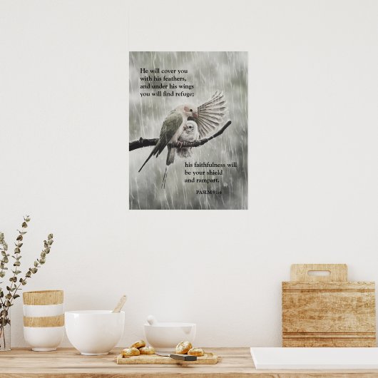 聖書の詩篇91:4 – キリスト教の信仰 ポスター (キッチン)