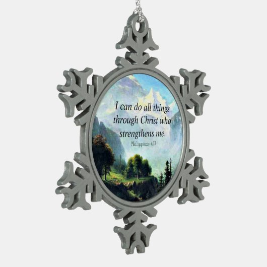 聖書の詩、フィル4:13、私は全てのことを行うことができる… スノーフレークピューターオーナメント (左)