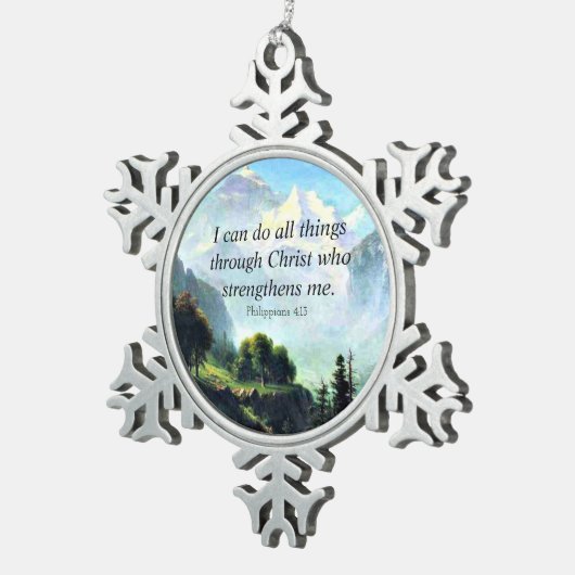 聖書の詩、フィル4:13、私は全てのことを行うことができる… スノーフレークピューターオーナメント (右)