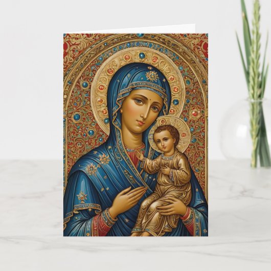 聖母マリアとイエスのイコン 5x7折りたたみクリスマスカード シーズンカード (正面)