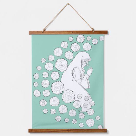 聖母マリアとバラ – 白黒 –  吊り下げ型タペストリー (正面)