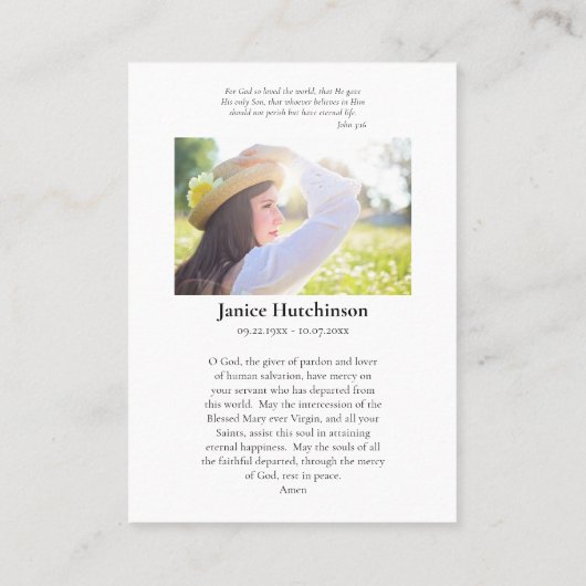 聖母マリアと赤いバラの追悼祈祷カード プレイスカード (裏面)