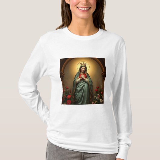 聖母マリアのカトリック女性用長袖Tシャツ Tシャツ (正面)