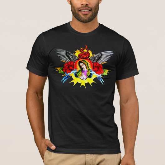 聖母マリアのハート、花、翼 Tシャツ (正面)
