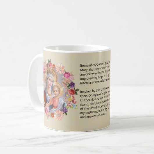聖母マリアのバラのMemorareの賛美された祈りの言葉 コーヒーマグカップ (正面左)