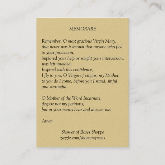 聖母マリアのベビーのイエス・キリスト賛美されたMemorareの祈りの言葉 名刺 (裏面)