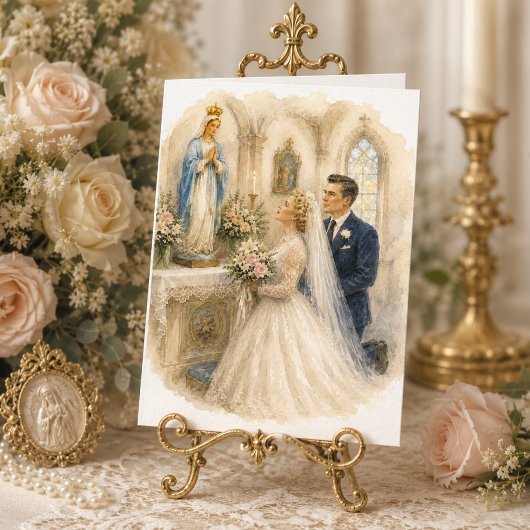 聖母マリアの前に跪く花嫁と花婿のウェディング カード