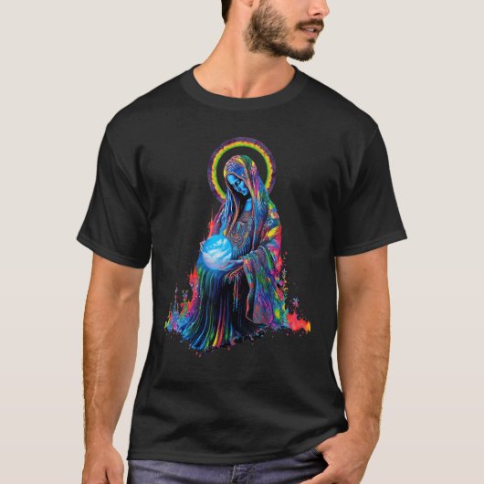 聖母マリアの守護者、地球を見守る、カトリック Tシャツ (正面)