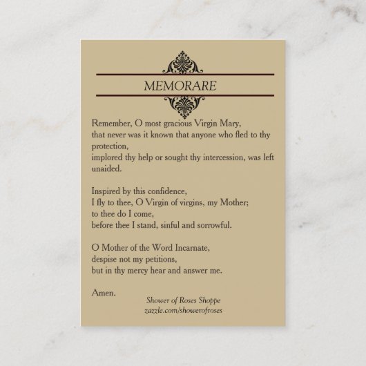 聖母マリア賛美されたMemorare神聖なカード 名刺 (裏面)