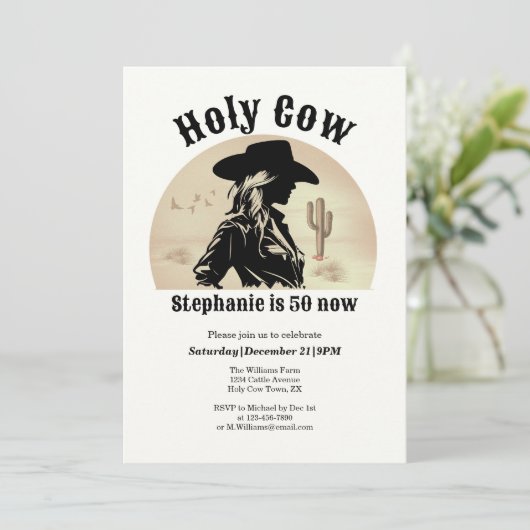 聖牛おもしろいヴィンテージ女性のカーボーイ50誕生日 招待状 (スタンド正面)