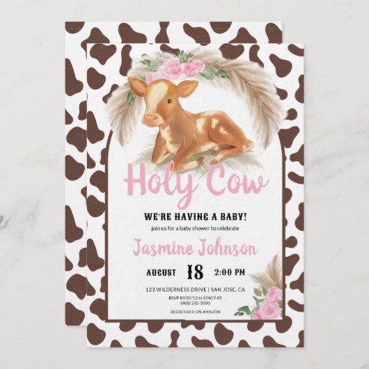 聖牛の国素朴フローラ子牛の赤ちゃんシャワー 招待状 (正面/裏面)