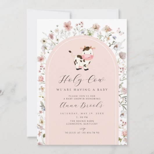 聖牛ピンクの花女の子ベビーシャワー 招待状 (正面)