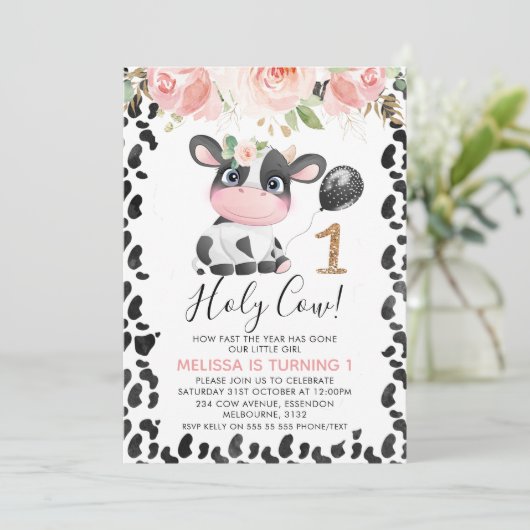 聖牛ピンクフローラ金ゴールド1歳の誕生日 招待状 (スタンド正面)