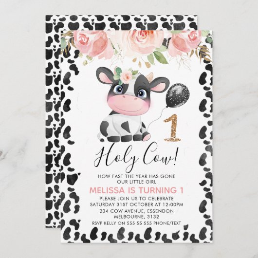 聖牛ピンクフローラ金ゴールド1歳の誕生日 招待状 (正面/裏面)