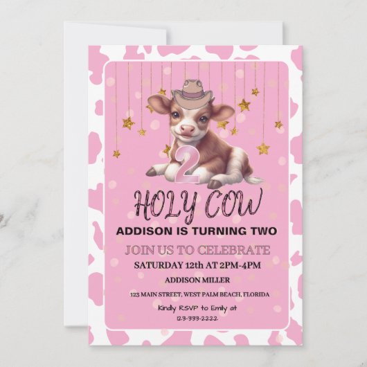 聖牛私は2ピンクコケット誕生日パーティー 招待状 (正面)