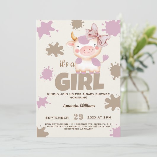 聖牛農場動物女の子の赤ちゃんシャワー 招待状 (スタンド正面)