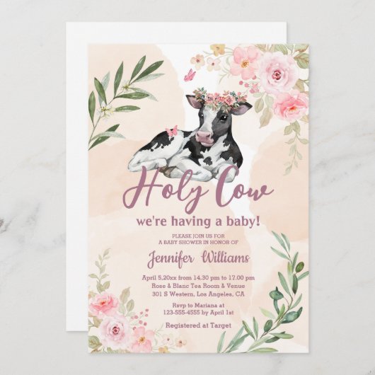 聖牛高地ふくらはぎ女の赤ちゃんシャワーフローラ 招待状 (正面/裏面)