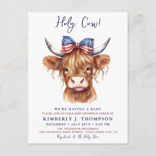 聖牛高地ふくらはぎ愛国的な赤ちゃんシャワー インビテーションポストカード (正面)