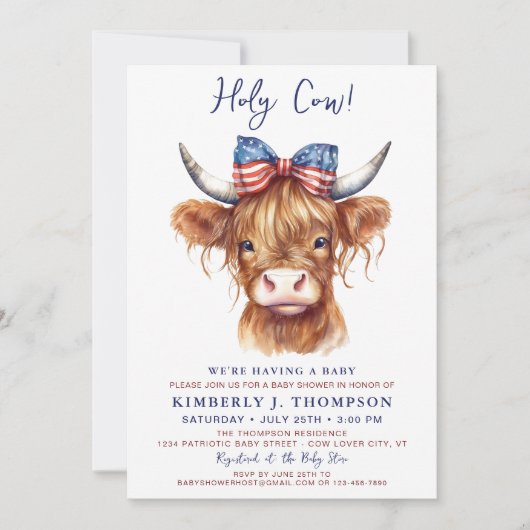 聖牛高地ふくらはぎ愛国的な赤ちゃんシャワー 招待状 (正面)