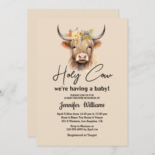 聖牛高地ふくらはぎ赤ちゃんシャワーのミニマル 招待状 (正面/裏面)