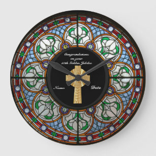 聖職者の叙勲記念日ステンドグラス十字架 ラージ壁時計