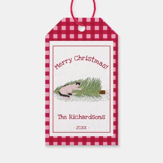 聖降誕祭おもしろいお目出とう!猫vs木の赤ギンガム ギフトタグ (正面)