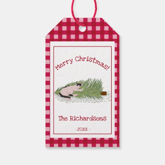 聖降誕祭おもしろいお目出とう!猫vs木の赤ギンガム ギフトタグ (裏面)