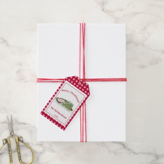 聖降誕祭おもしろいお目出とう!猫vs木の赤ギンガム ギフトタグ (より糸付き)