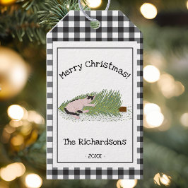 聖降誕祭おもしろいお目出とう！猫vs木B&Wギンガム ギフトタグ