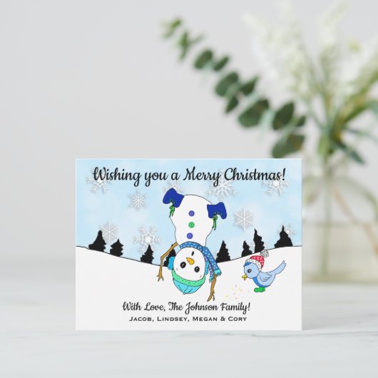 聖降誕祭お目出とう逆さまのお雪だるま ポストカード (スタンド正面)