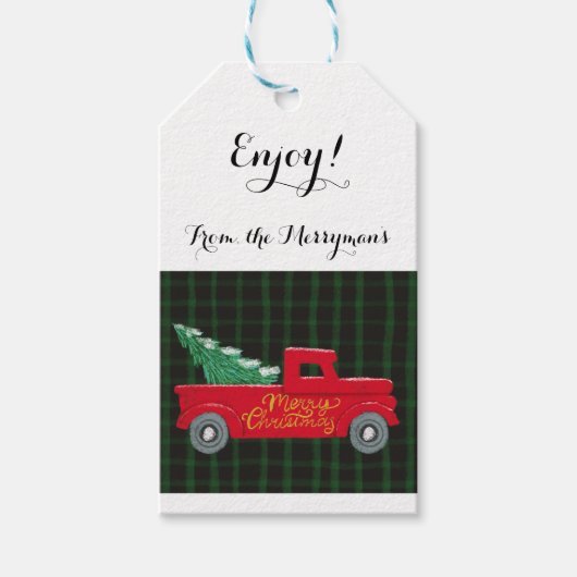 聖降誕祭お目出とう、クリスマスツリーと赤いトラック ギフトタグ (正面)