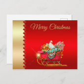 聖降誕祭お目出とう、サンタのそり、クリスマスプレゼント、赤 ポストカード (正面/裏面)