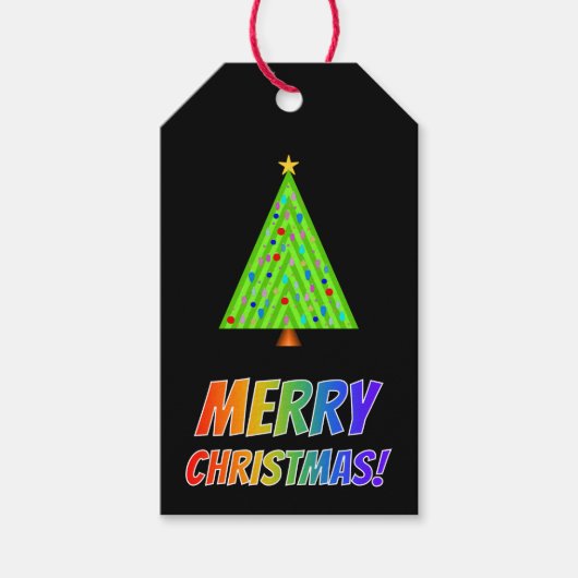 「聖降誕祭お目出とう!」レインボー文字、クリスマスツリー ギフトタグ (正面)