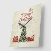 聖降誕祭お目出とう、聖降誕祭の木々、プレゼント、そり  スクエア壁時計 (傾斜)