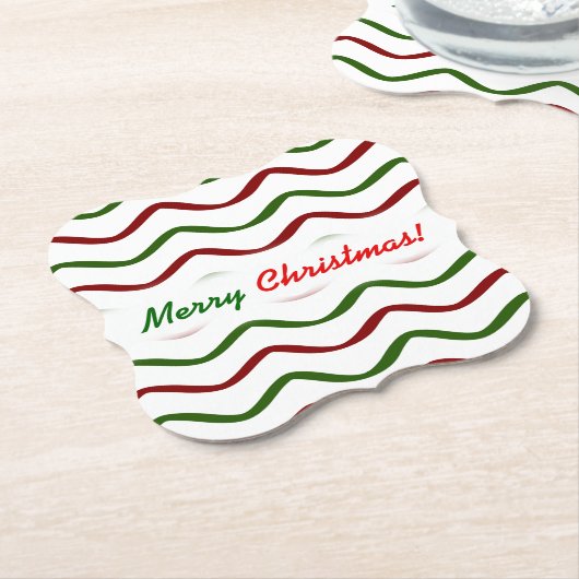 「聖降誕祭お目出とう！」赤と緑の波線パターン ペーパーコースター (アングル)
